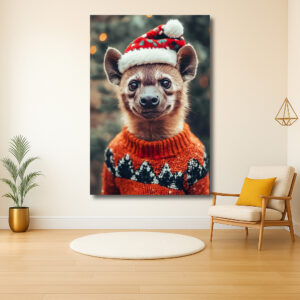 Hyena in Wintertrui met Kerstmuts