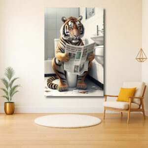 Tijger in de badkamer met krant