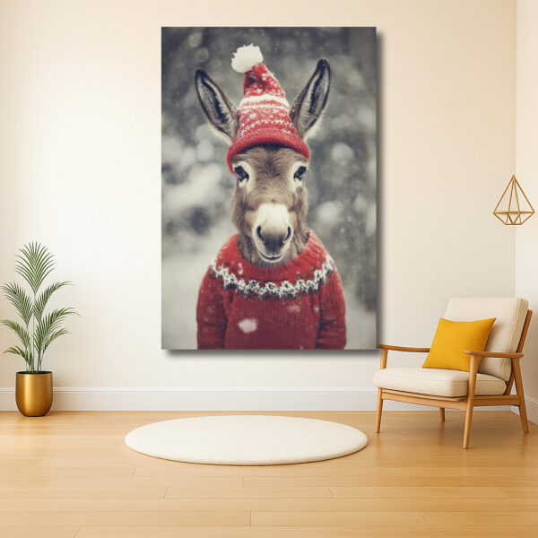 Ezel in winterse kersttrui met muts