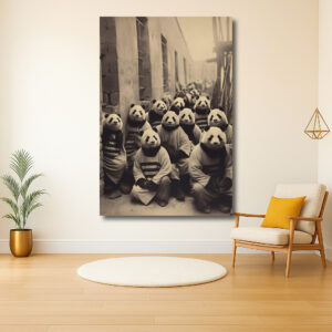 Groep van panda's in vintage stijl gekleed