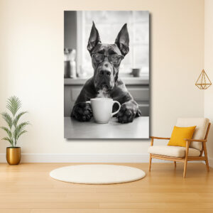 Hond met bril drinkt koffie