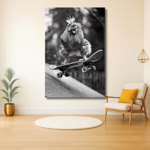 Acrobatische haan op skateboard