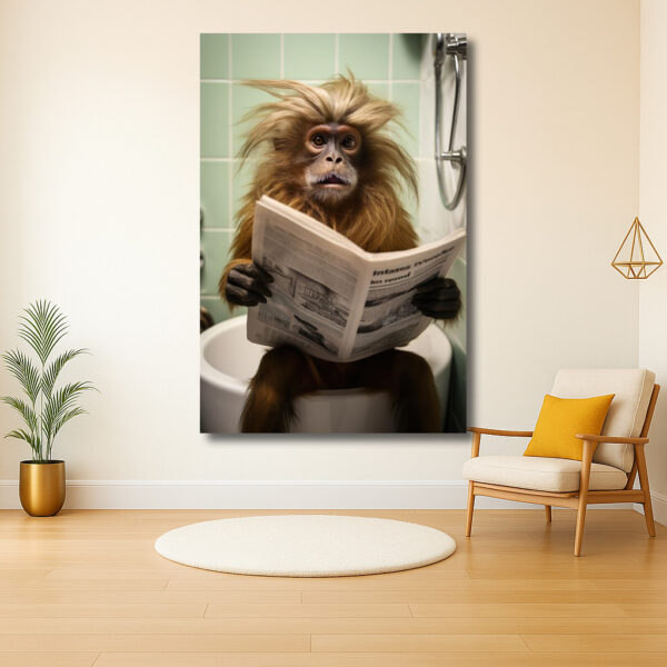 Aap met krant in badkamer