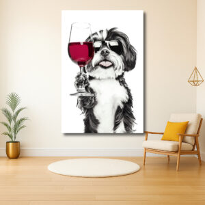 Hond met wijnglas en zonnebril