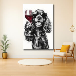 Hond met zonnebril en wijnglas