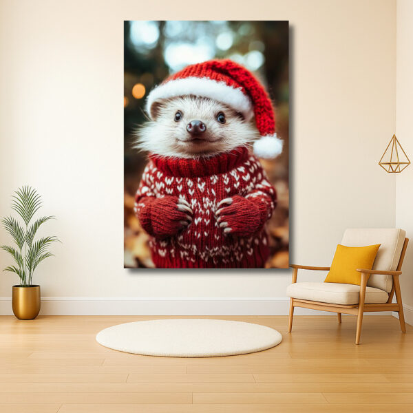 Egeltje met kersttrui en muts in winterse sfeer