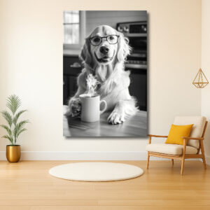 Hond met bril en koffie genietend aan tafel