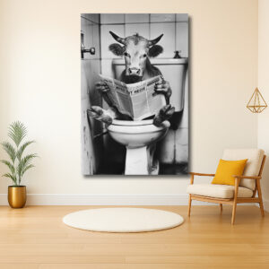 Koe leest krant op toilet