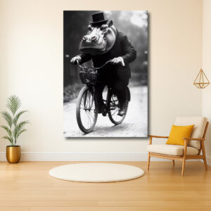 Nijlpaard op fiets met hoge hoed