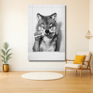 Wolf in de badkamer met tandenborstel
