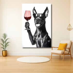 Stijlvolle hond met wijnglas en zonnebril