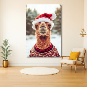 Kameel in kersttrui met kerstmuts