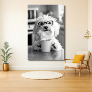 Stijlvolle hond met bril en koffie