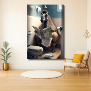 Kameel met krant in de badkamer