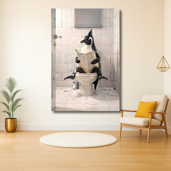 Een pinguïn leest de krant op het toilet