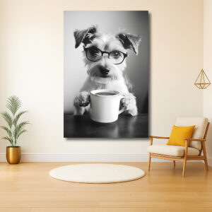 Serieuze hond met bril en koffie