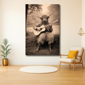 Schotse koe met gitaar in nostalgische setting