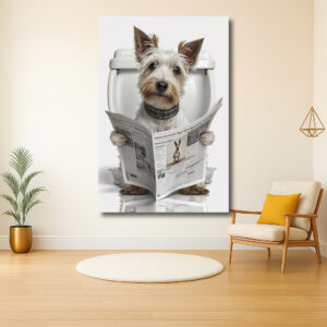 Hond leest krant op toilet