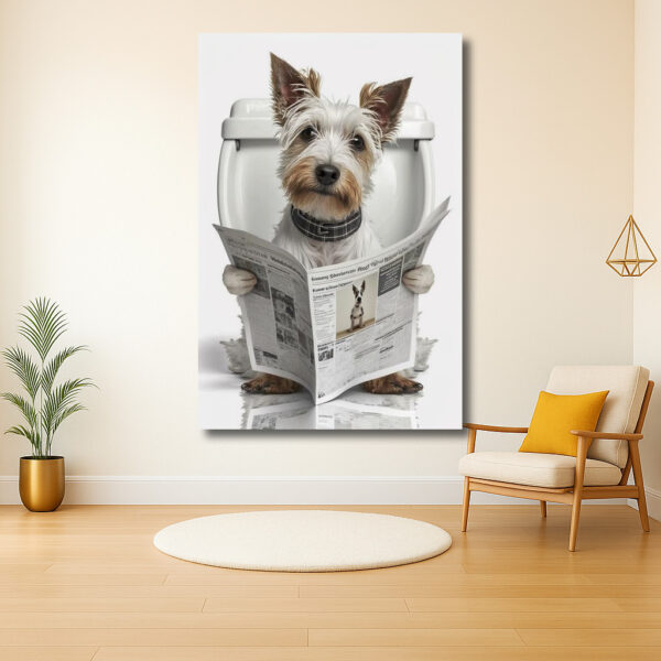 Hond leest krant op toilet