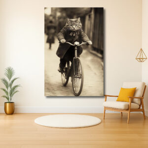 Kat in ouderwetse kledij op een fiets