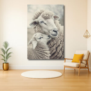 Teder moment tussen schapen in zachte tinten