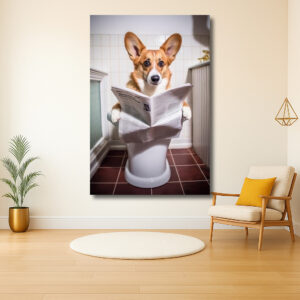 Corgi met krant op toilet