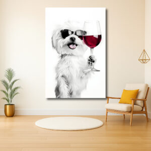 Stijlvolle hond met zonnebril en wijnglas