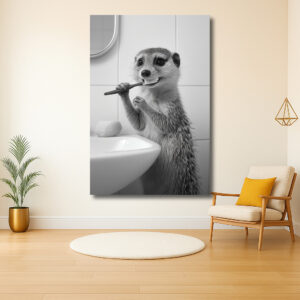 Stokstaartje met tandenborstel in de badkamer
