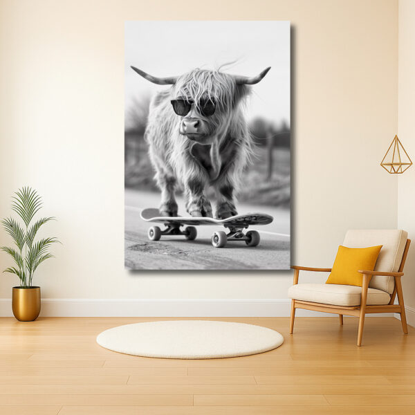 Stijlvolle Schotse Hooglander op skateboard