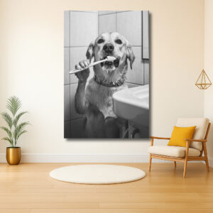 Hond poetst tanden in badkamer