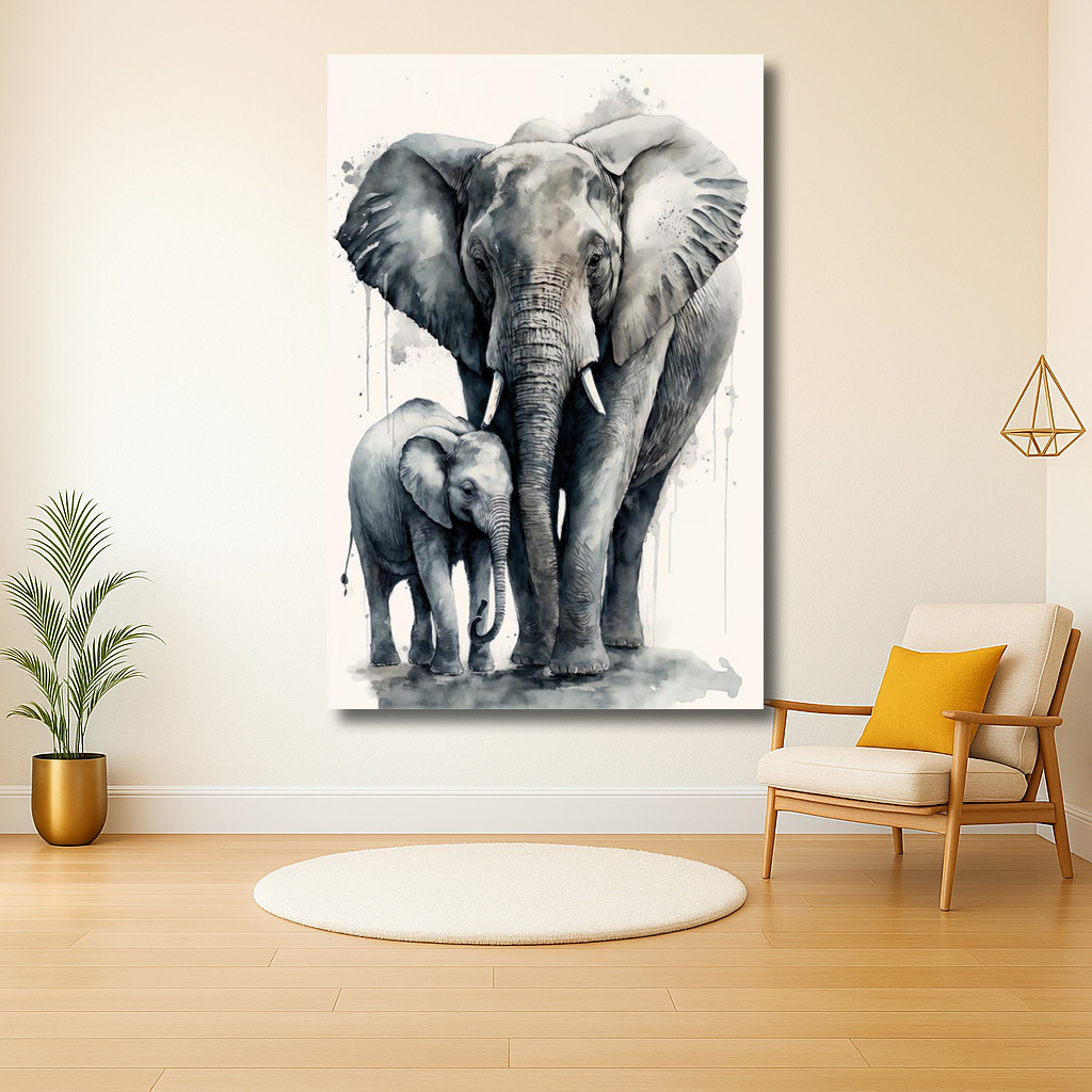 Grote en kleine olifanten in aquarel