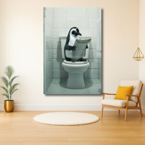 Pinguïn leest krant in badkamer