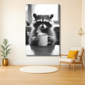 Wasbeer met bril en een warme kop koffie