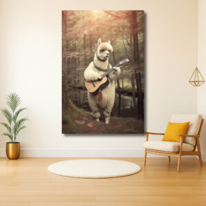 Lama met gitaar in herfstbos