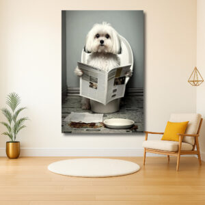Hond leest krant op toilet