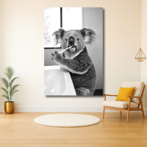 Koala met tandenborstel in de badkamer