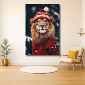 Leeuw in wintertrui en muts