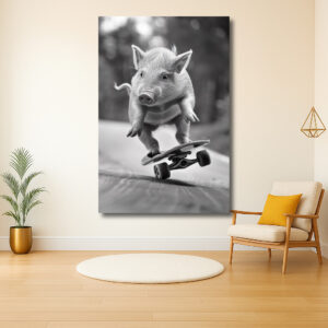 Varkentje op avontuur met skateboard