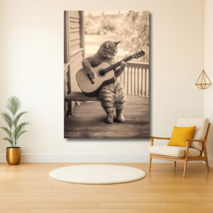 Kat speel gitaar op veranda