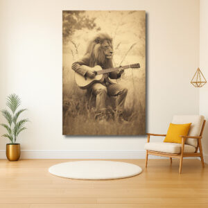 Leeuw die gitaar speelt in sepia