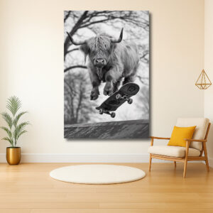 Schotse Hooglander op een skateboard