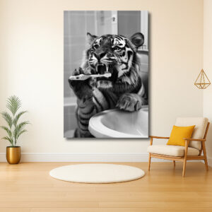 Tijger met tandenborstel in de badkamer