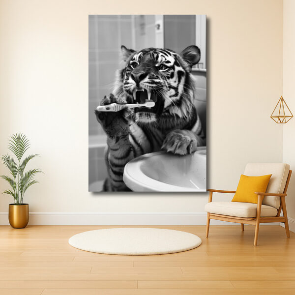 Tijger met tandenborstel in de badkamer
