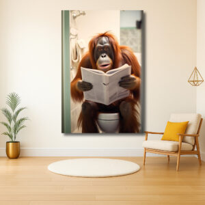 Orang-oetan leest krant op het toilet