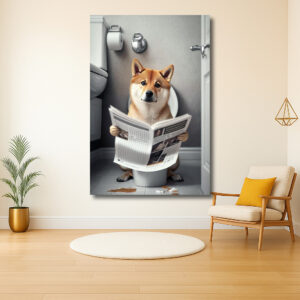 Hond leest krant op toilet
