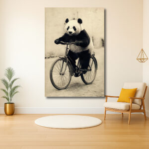 Panda op een fiets in een vintage setting
