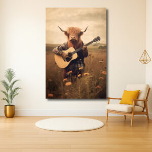Muzikale hooglandkoe in het veld