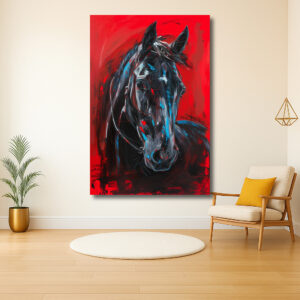 Dynamische paardexpressie op rood canvas