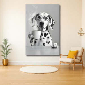 Dalmatier met bril geniet van koffie