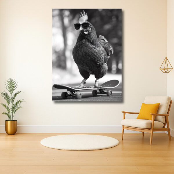 Coole Kip op Skateboard in Zwart-Wit